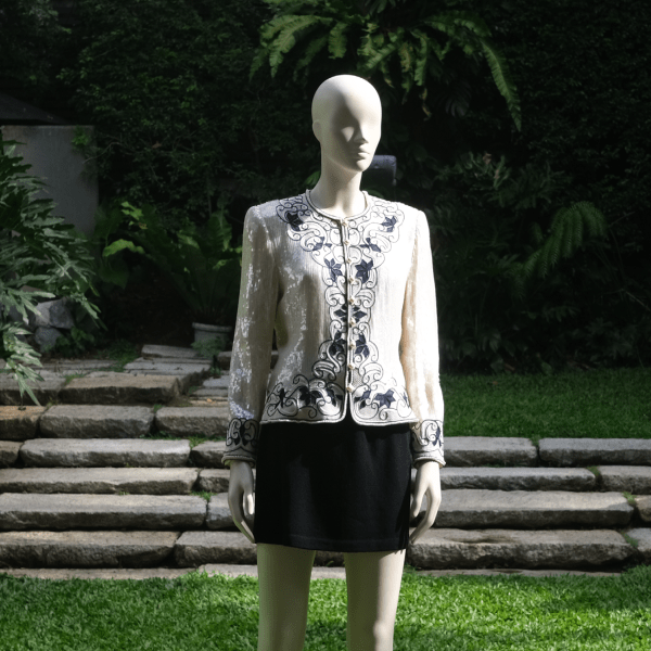 Escada Couture Beaded Jacket with Pearl Buttons and Blue Detailing